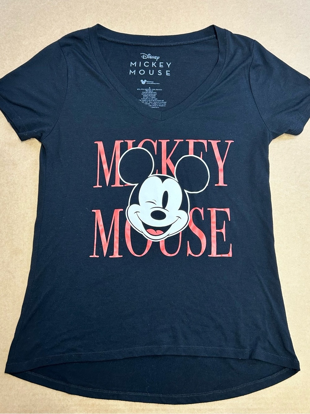 Disney Black V Neck Tee Shirt with Red Mickey Mouse Graphic Size Small